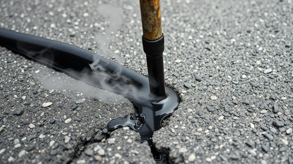 A hot pour wand laying a glossy black bead of rubberised sealant into a routed crack in coarse grey asphalt, steam coming off it