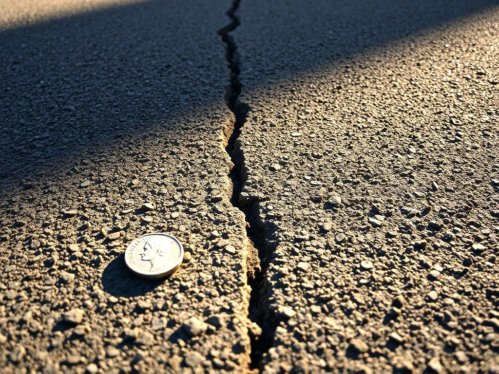 A thin hairline crack running across sunlit asphalt with a dime lying beside it for scale