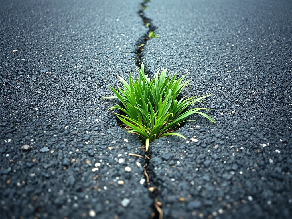 A quarter inch crack in dark asphalt with a tuft of grass growing up out of it