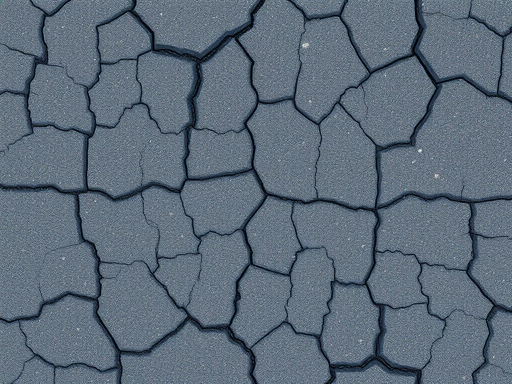 A square of asphalt seen from directly above, broken into a web of fine interconnected cracks