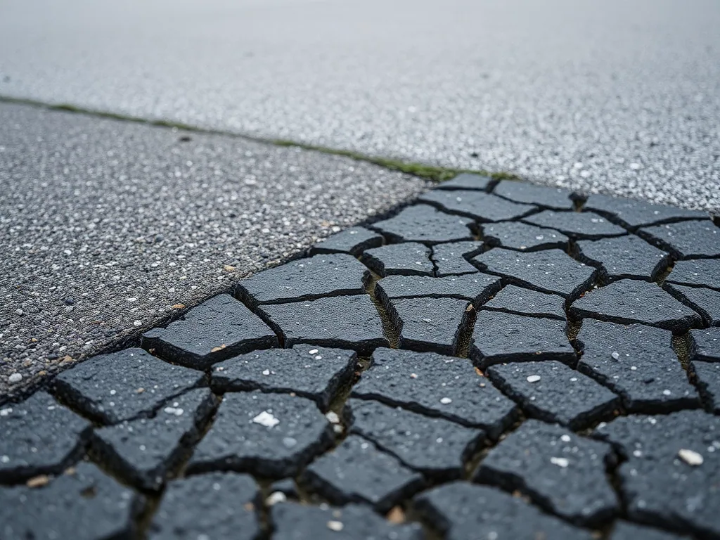 A patch of alligator cracking at the edge of a driveway, dense scaled plates of asphalt beside sound pavement