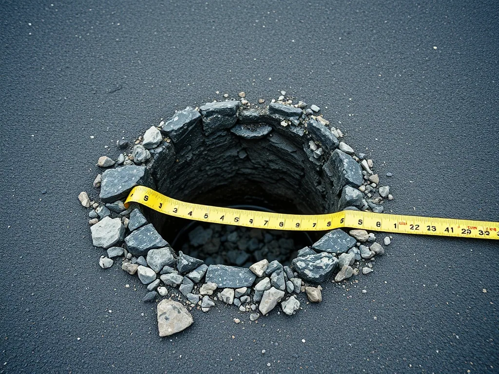 A pothole with crumbling edges and loose stone around it, a yellow tape measure laid across the opening