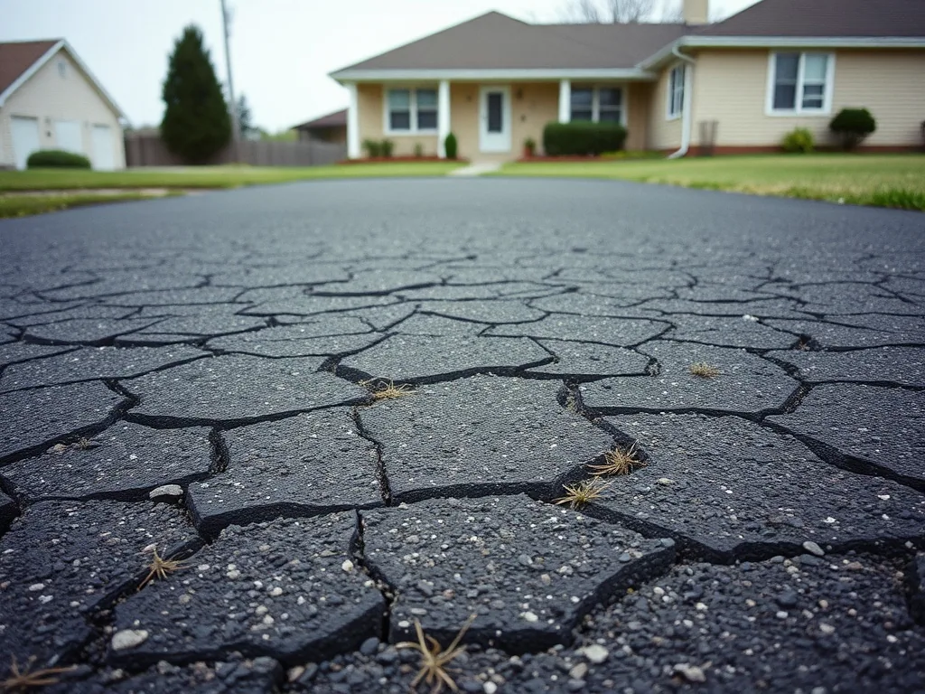 A worn out driveway seen low from the street, the whole width broken into loose plates with weeds in the seams